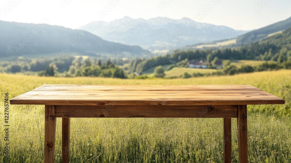 Wooden dining table in a sunny green field with mountains in the background ideal for product display and promotional text space Wooden dining table in a sunny green field with mountains in the background ideal for product display and promotional text space
