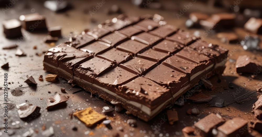 Shattered chocolate bar with a rough and uneven surface, cocoa shards , uneven Shattered chocolate bar with a rough and uneven surface, cocoa shards , uneven