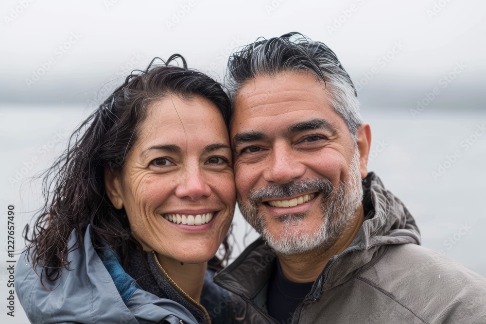 Portrait of a happy multicultural couple in their 40s wearing a functional windbreaker isolated in serene lakeside view Portrait of a happy multicultural couple in their 40s wearing a functional windbreaker isolated in serene lakeside view