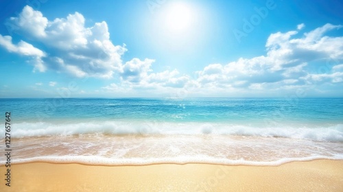 Wallpaper Mural Serene summer beach scene with blurred ocean waves, blue skies, and soft clouds creating a tranquil abstract background for relaxation. Torontodigital.ca