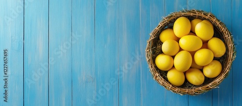 Yellow Easter eggs in a rustic basket on a vibrant blue wooden background with ample space for spring holiday text or decorations