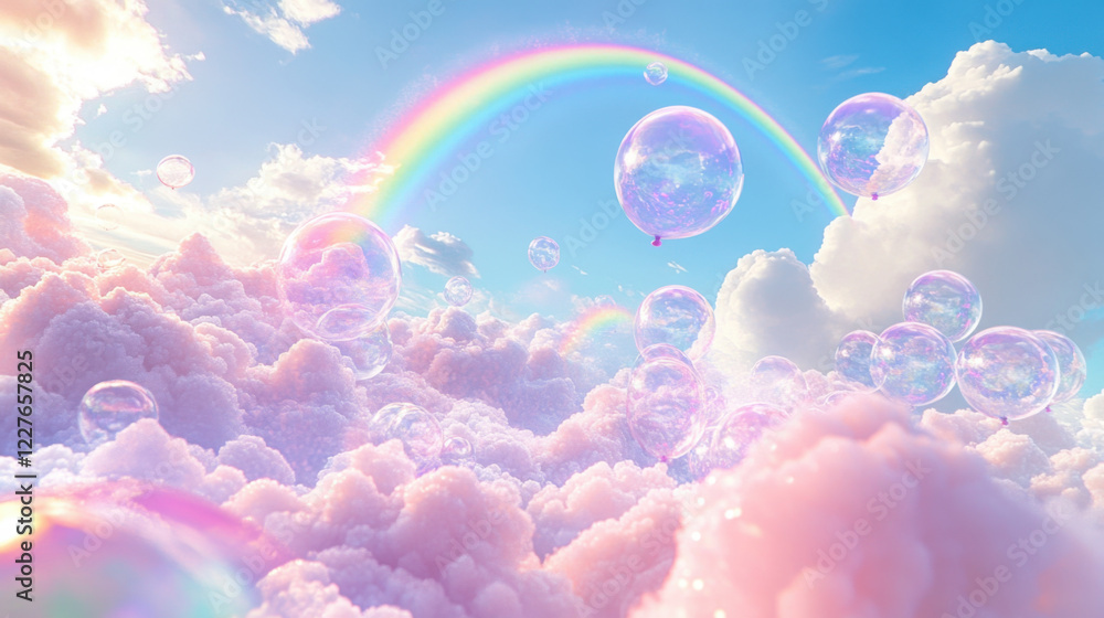 Vibrant rainbow arches over iridescent clouds and colorful balloons in a dreamy sky Vibrant rainbow arches over iridescent clouds and colorful balloons in a dreamy sky