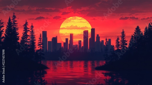 Serene Sunset Over City Skyline with Vibrant Red Hues Reflected in Water Surrounded by Silhouetted Forests