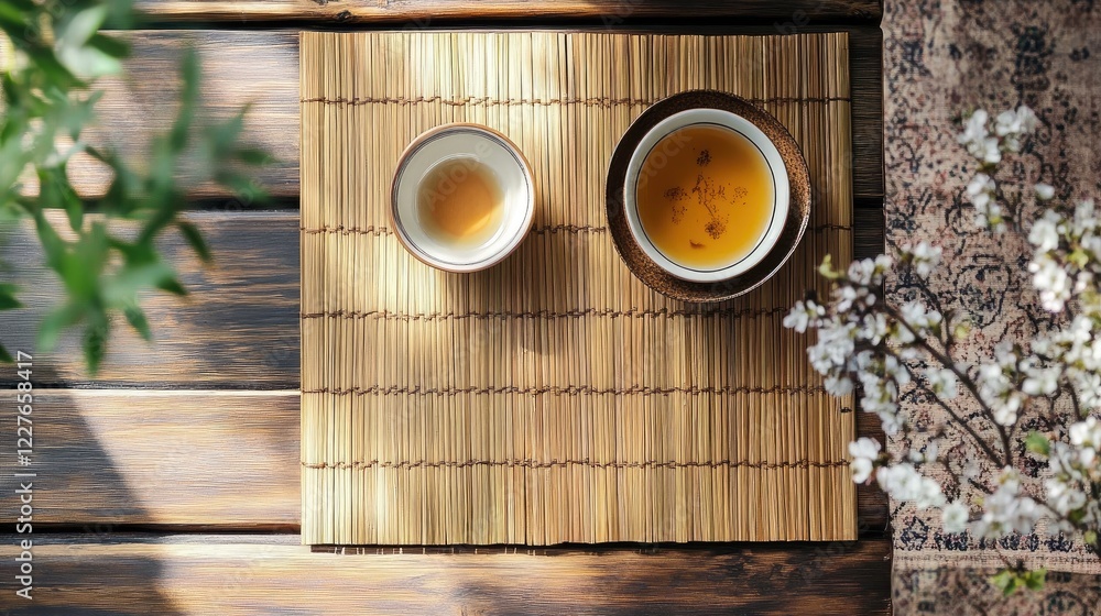 Elegant bamboo table mat with tea cups and floral arrangement for a serene dining experience. Elegant bamboo table mat with tea cups and floral arrangement for a serene dining experience.