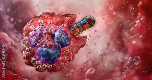 Neutrophil engulfs a bacterial pathogen through phagocytosis, key process in innate immunity. White blood cell and bacteria interaction. Body protection, fighting bacterial infections. Scientific 3D photo