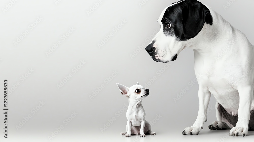 Fototapeta premium Great Dane sitting beside a tiny teacup Chihuahua, contrast in size, humorous and eyecatching composition