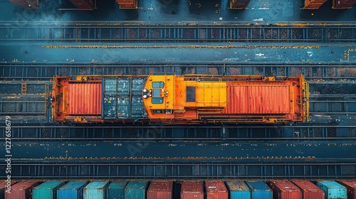 Orange Freight Train on Railway Tracks with Containers