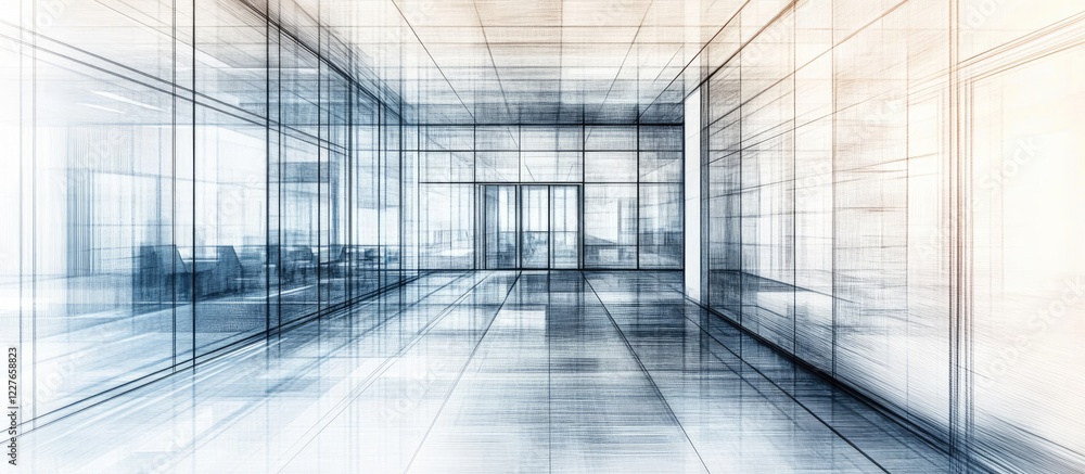 Modern Business Office Interior Perspective Sketch Featuring Open Space and Industrial Design Elements for Text Overlay Modern Business Office Interior Perspective Sketch Featuring Open Space and Industrial Design Elements for Text Overlay