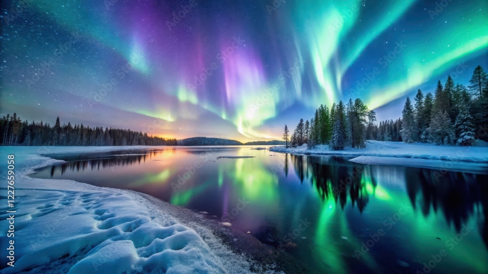 Frosted Lake Under Aurora Borealis, winter wonderland, polar night Frosted Lake Under Aurora Borealis, winter wonderland, polar night