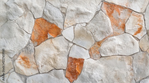 Natural textured wall background featuring irregular stone shapes with earthy tones and orange accents for design and architectural use photo