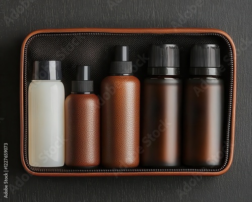 Flatlay of travelsized grooming products neatly arranged in a compact leather case photo