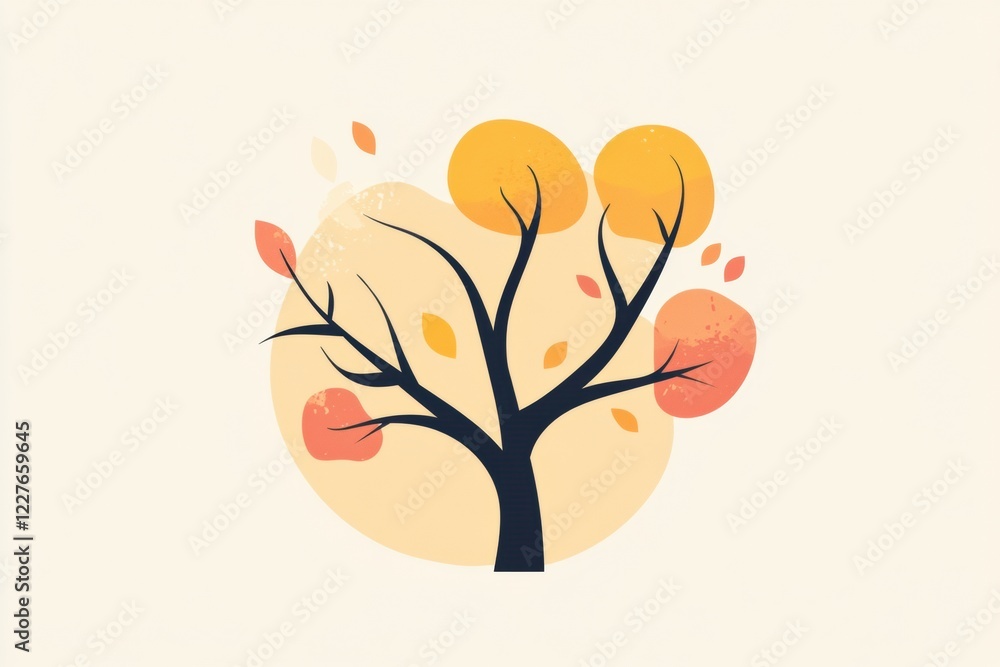 Stylized tree icon with branches and colorful leaves set against a warm background. Generative AI Stylized tree icon with branches and colorful leaves set against a warm background. Generative AI