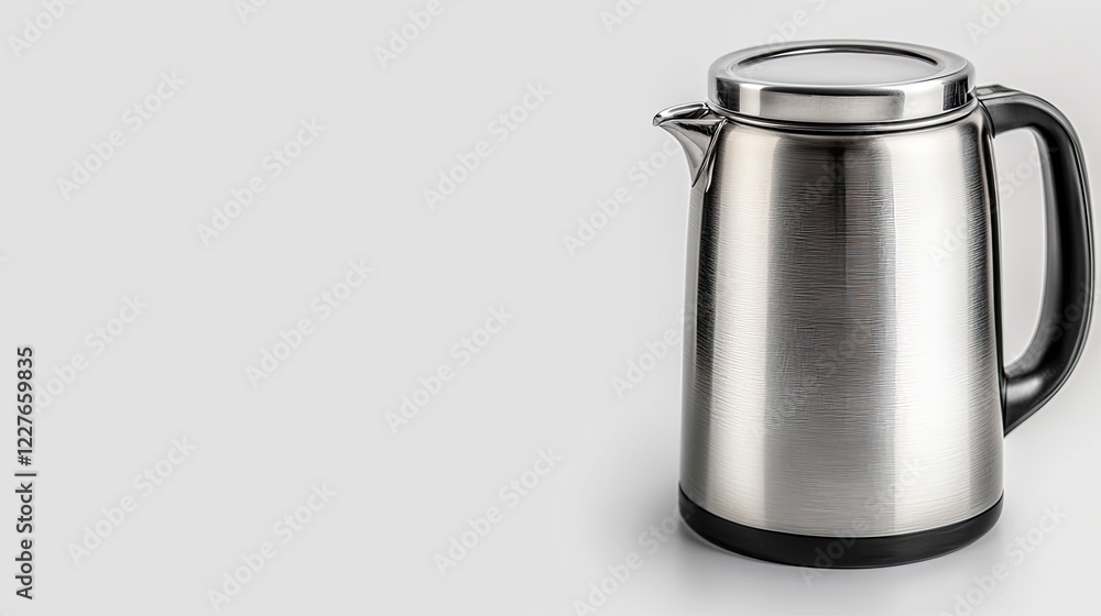 Modern stainless steel kettle with sleek design on a soft gray background for kitchen use and decor Modern stainless steel kettle with sleek design on a soft gray background for kitchen use and decor