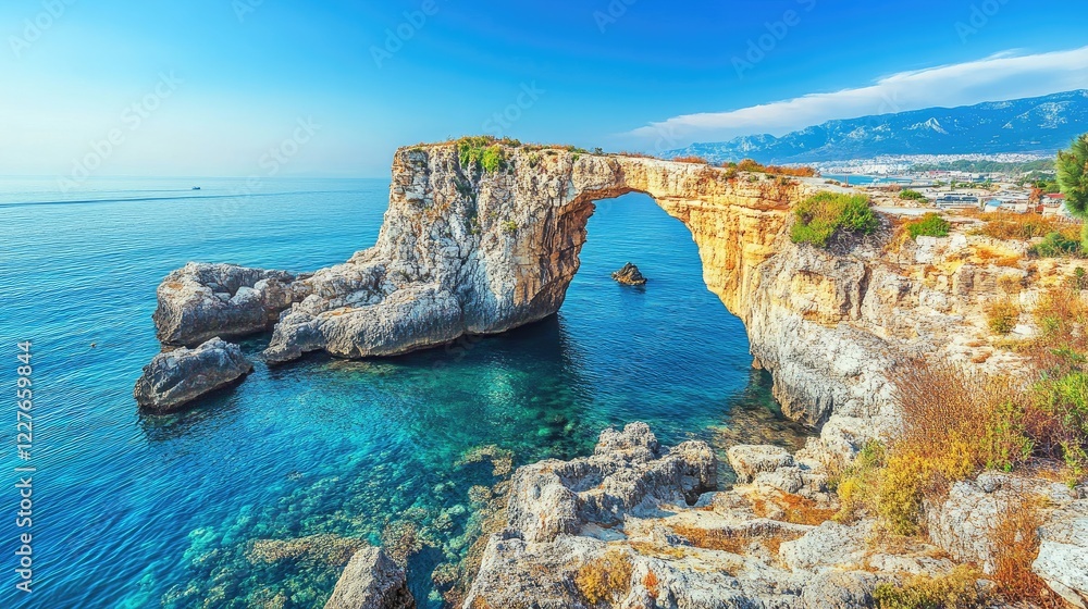 Fototapeta premium Natural stone arch over clear blue waters on a rocky coastline with greenery and distant mountains under a bright sky