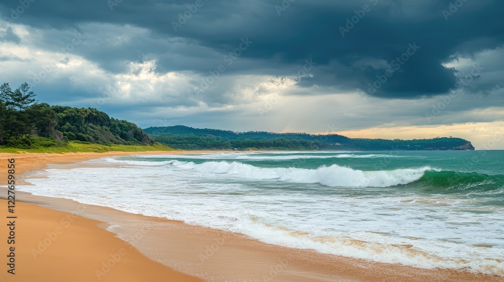 Moody Seascape with Waves Crashing on Sandy Beach Under Dramatic Cloudy Sky and Lush Green Hills in Background Moody Seascape with Waves Crashing on Sandy Beach Under Dramatic Cloudy Sky and Lush Green Hills in Background