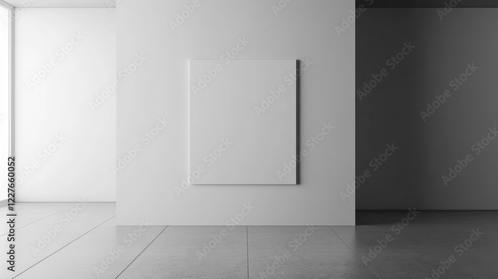 Minimalist living room design featuring a blank vertical frame on a serene white wall and modern architectural elements Minimalist living room design featuring a blank vertical frame on a serene white wall and modern architectural elements