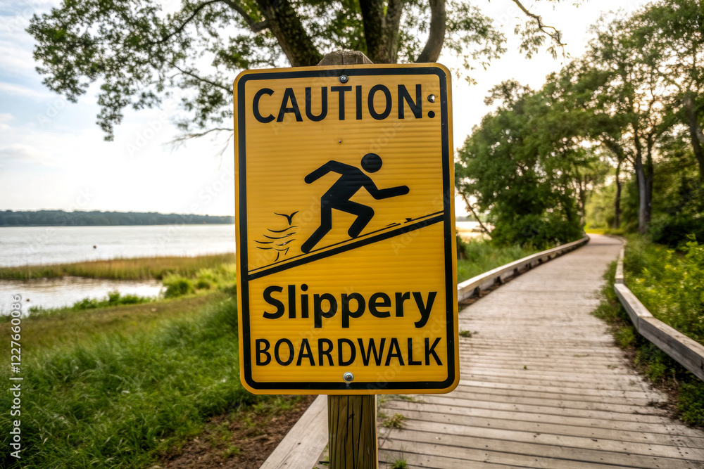 A caution sign warning of a slippery boardwalk near a serene waterway, framed by trees and natural scenery. A caution sign warning of a slippery boardwalk near a serene waterway, framed by trees and natural scenery.