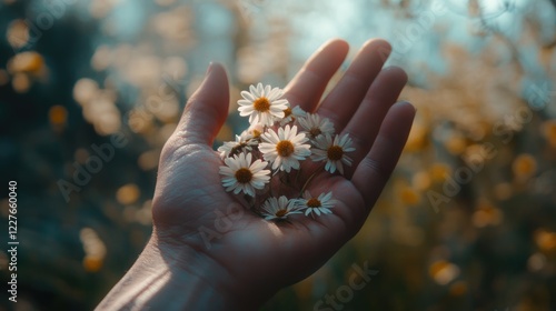 Minimalistic image of a hand holding daisies with a soft-focus natural background in warm, tranquil tones. photo