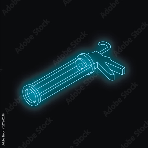 Glowing blue neon caulking gun isometric view isolated on black background