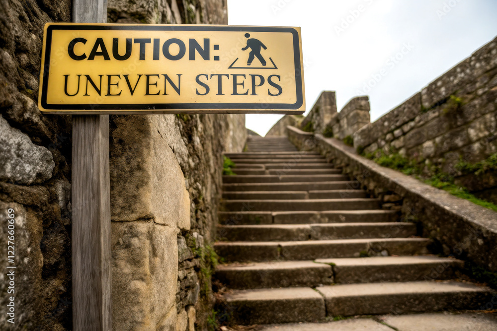 Fototapeta premium A caution sign warns of uneven steps leading up a stone staircase in an outdoor setting.