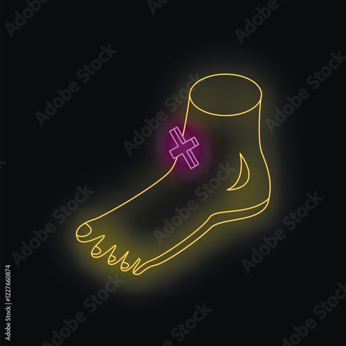 Glowing neon foot with purple medical plaster symbolizing injury, healthcare, and medical attention