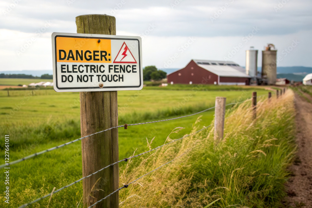 Obraz premium A warning sign indicates the presence of an electric fence near a farm, urging caution and advising not to touch.