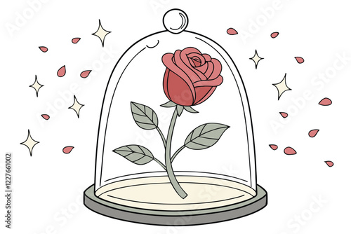 Enchanted rose, glass dome, Beauty and the Beast, vivid red petals, green stem and leaves, magical glow, photorealistic, detailed illustration, fantasy concept, iconic fairytale symbol, transparent be