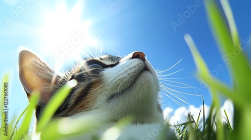 Manx cat playing in a sunlit backyard, fresh grass and blue sky, lively and energetic moment photo