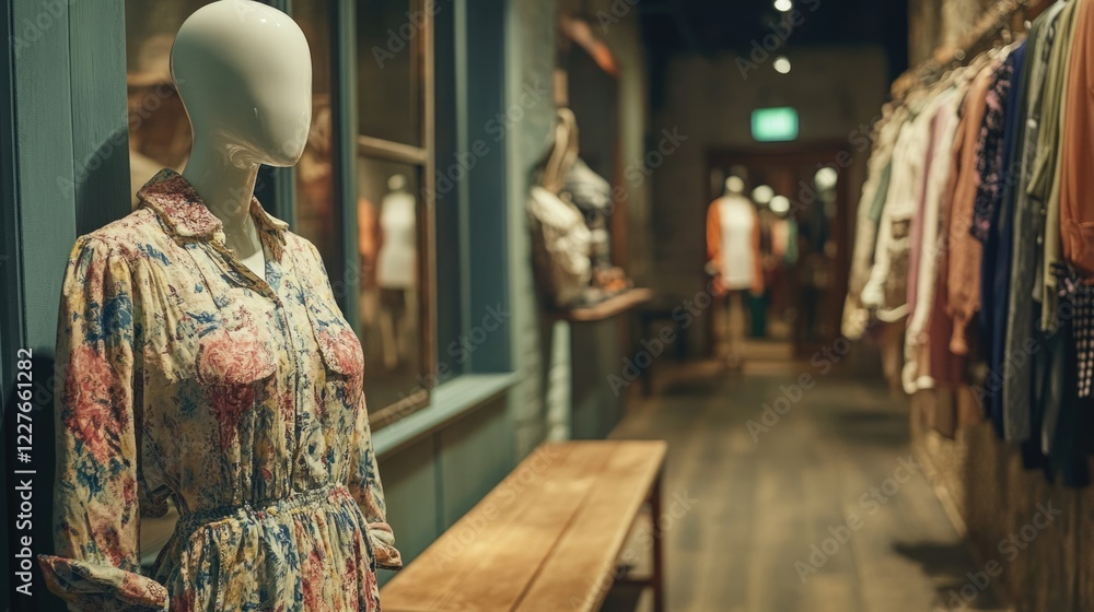 Mannequins displaying fashion in an elegant hallway with a wooden bench and stylish clothing racks in a retail environment Mannequins displaying fashion in an elegant hallway with a wooden bench and stylish clothing racks in a retail environment