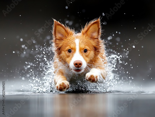 Nova Scotia Duck Tolling Retriever diving into a lake, dynamic water action photo