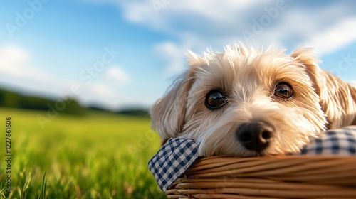 Peekapoo dog peeking out from a picnic basket, charming and playful countryside setting photo