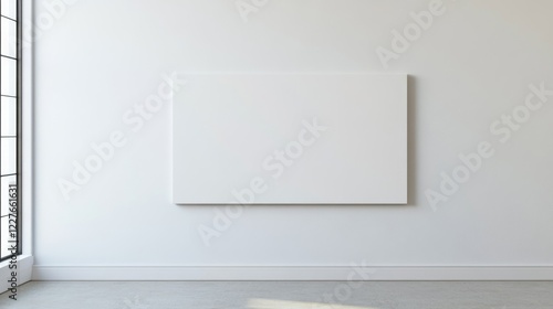 Minimalist white dining room wall with empty mockup board ideal for artwork or design presentations in a contemporary setting photo