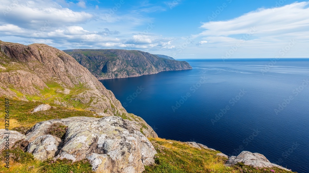 Fototapeta premium Scenic coastal view of rugged cliffs overlooking a tranquil ocean under a bright blue sky