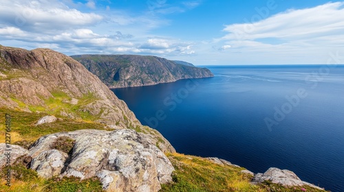 Scenic coastal view of rugged cliffs overlooking a tranquil ocean under a bright blue sky