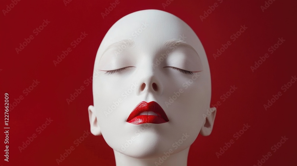 Minimalist Makeup Artistry on Porcelain Doll with Bold Red Lips Against a Red Background Minimalist Makeup Artistry on Porcelain Doll with Bold Red Lips Against a Red Background