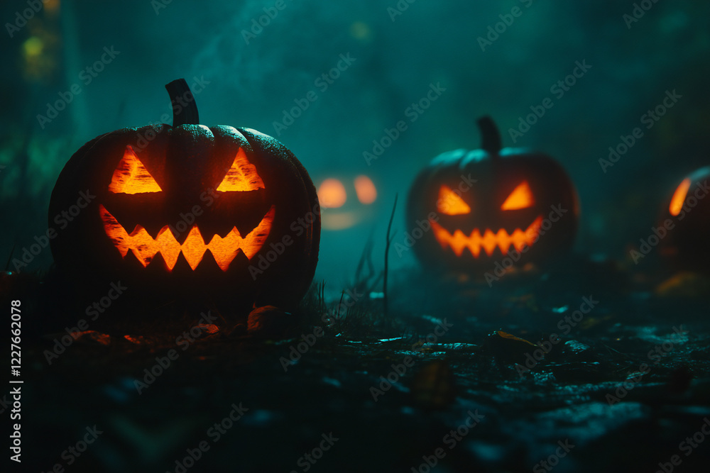 Spooky Halloween Gift Box with Glowing Jack-o'-Lanterns and Eerie Atmosphere Surrounded by Pumpkins and Autumn Leaves in a Mystical Night Scene Spooky Halloween Gift Box with Glowing Jack-o'-Lanterns and Eerie Atmosphere Surrounded by Pumpkins and Autumn Leaves in a Mystical Night Scene