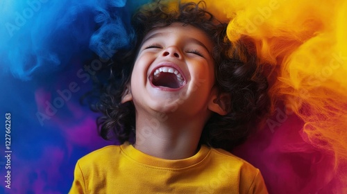 A child laughing uncontrollably vibrant and bright background studio photo