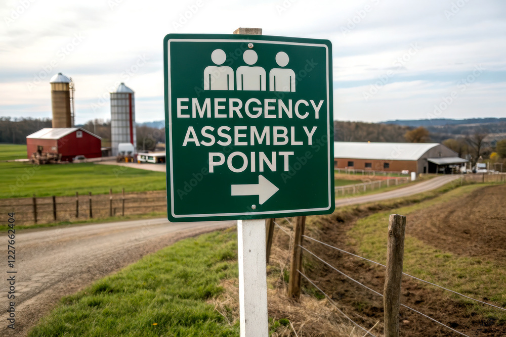 A green sign indicating an emergency assembly point, with an arrow pointing right, situated in a rural area near farm buildings. A green sign indicating an emergency assembly point, with an arrow pointing right, situated in a rural area near farm buildings.