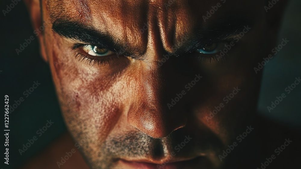 Intense close-up of a man displaying furrowed brows and striking eyes conveying deep emotion and focus. Intense close-up of a man displaying furrowed brows and striking eyes conveying deep emotion and focus.
