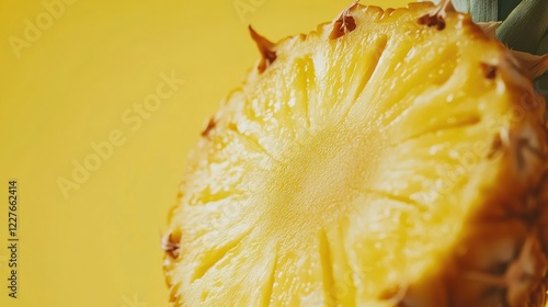 Fresh pineapple slice showcasing vibrant yellow texture and distinctive crown ideal for tropical themes with space for custom text overlay photo