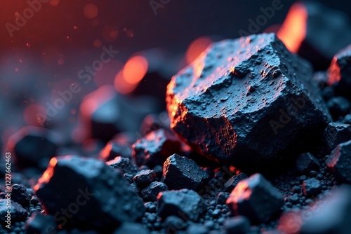 Close-up of rough coal pieces illuminated in warm light, showcasing texture and detail. photo