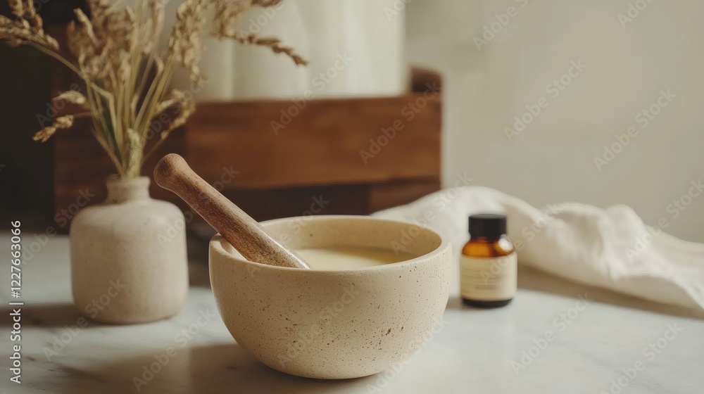 Natural skincare ingredients in a rustic setting featuring a mortar and pestle with essential oils and decorative dried flowers. Natural skincare ingredients in a rustic setting featuring a mortar and pestle with essential oils and decorative dried flowers.