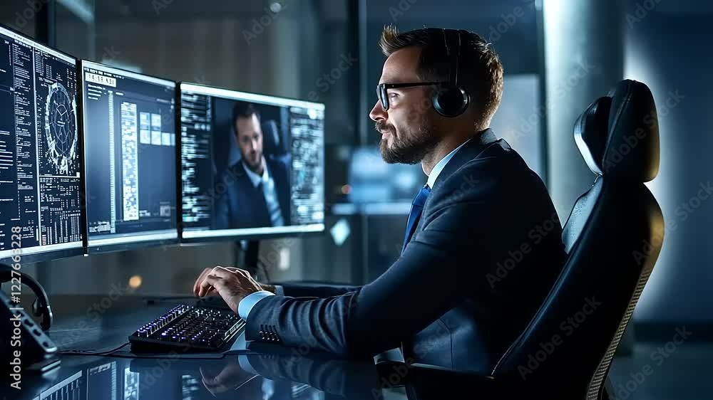Professional man in a suit working intently at multiple computer screens in a modern office Professional man in a suit working intently at multiple computer screens in a modern office
