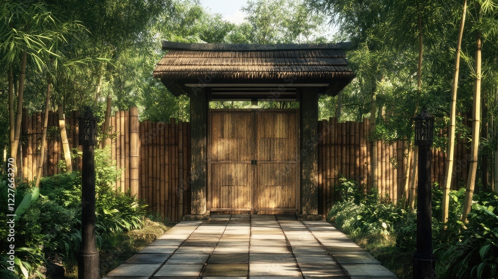 Obraz premium Serene Bamboo Garden Entrance with Architectural Harmony in Nature
