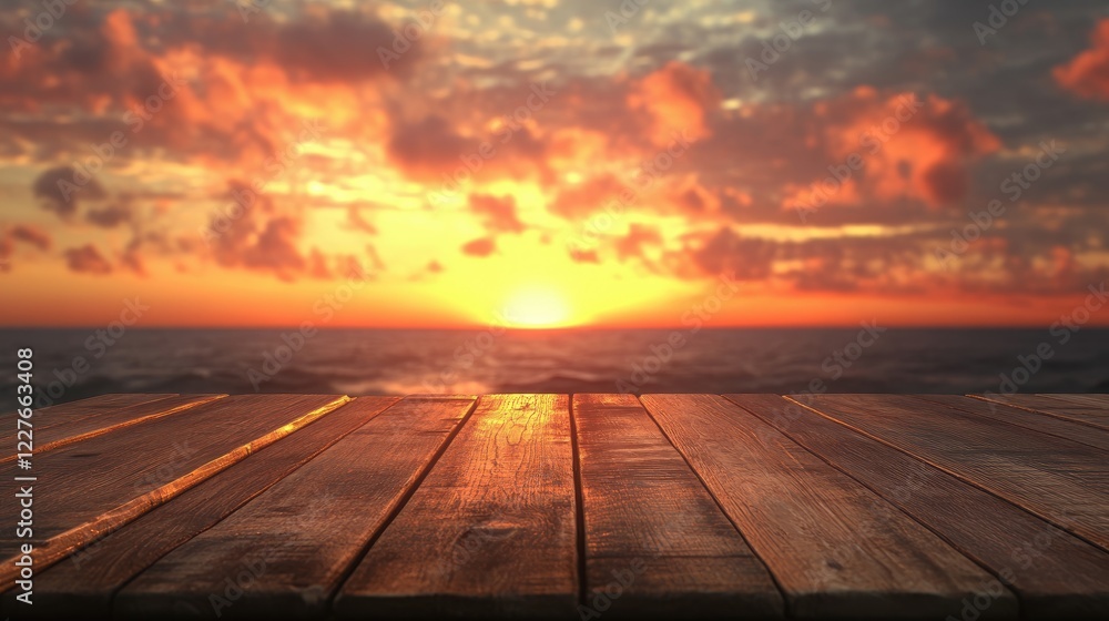 Wooden table with blurred sunset background showcasing vibrant colors and serene ocean view during golden hour tranquility. Wooden table with blurred sunset background showcasing vibrant colors and serene ocean view during golden hour tranquility.