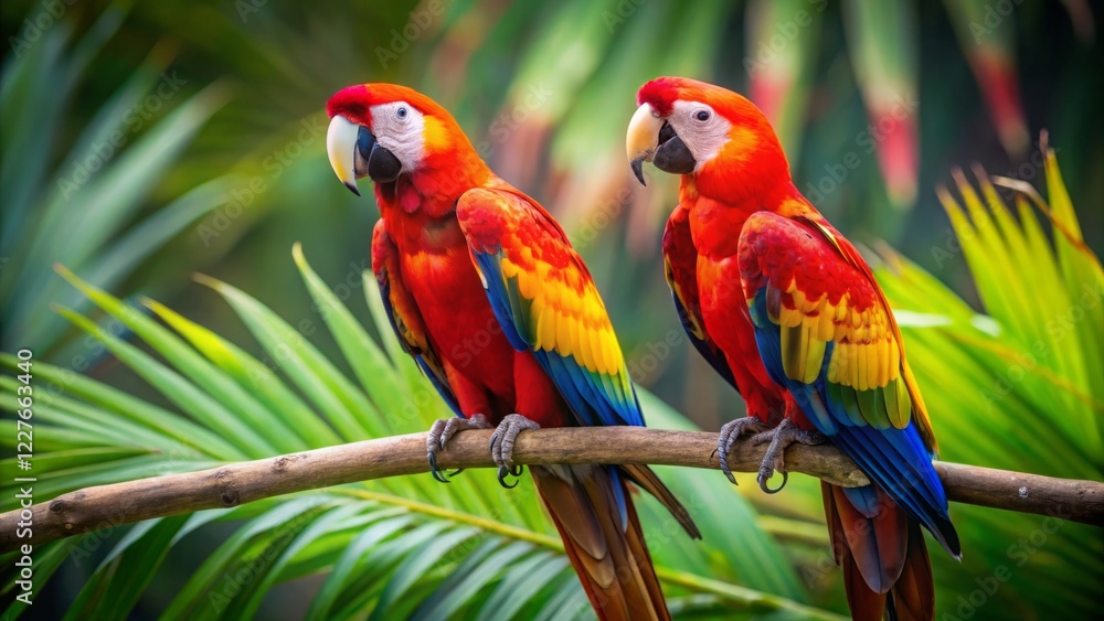 Vibrant Scarlet Macaws Perched on Branch Amid Lush Greenery Vibrant Scarlet Macaws Perched on Branch Amid Lush Greenery
