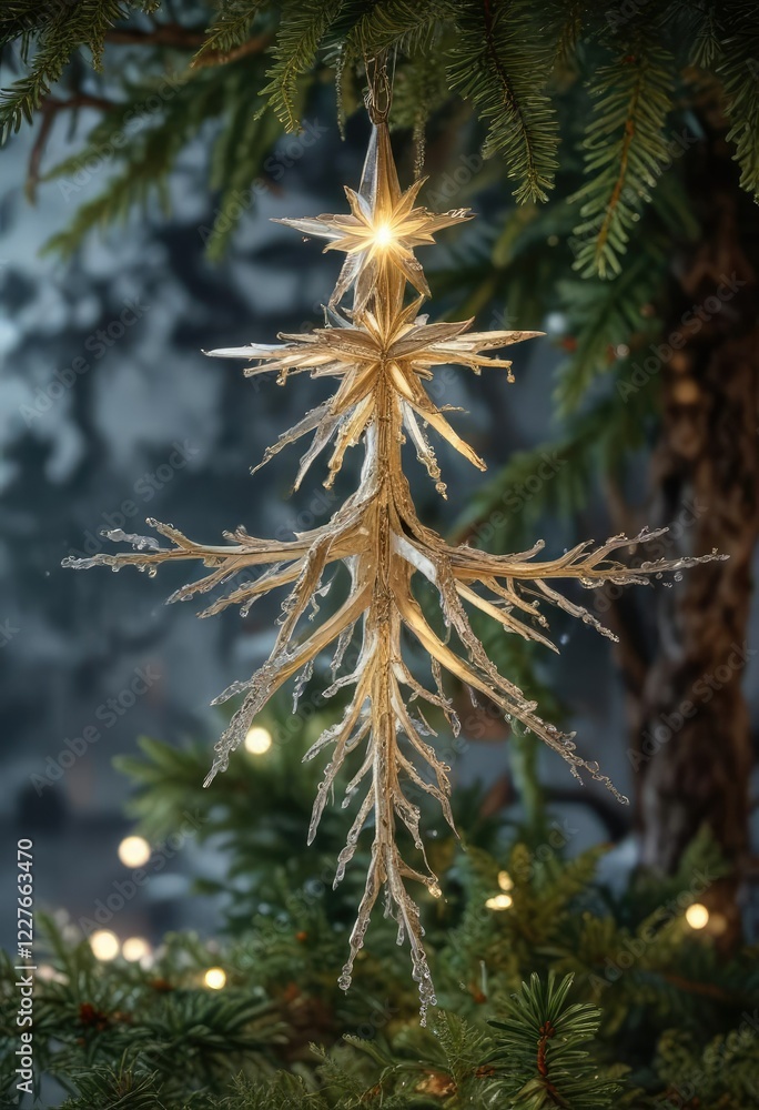 Glittering icicles hang from the branches of a star-shaped Christmas tree, sparkling ornaments, glittering icicles