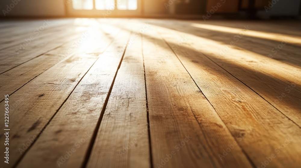Soft Sunlight Streaming Over Warm Wooden Floorboards in Room Soft Sunlight Streaming Over Warm Wooden Floorboards in Room