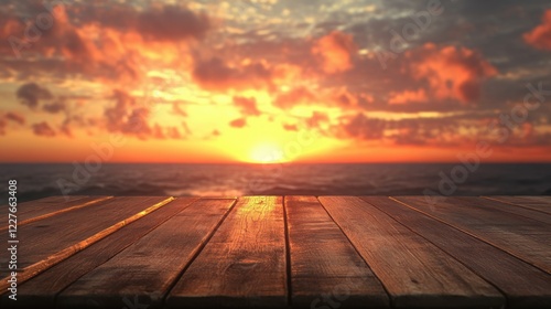 Fototapeta Naklejka Na Ścianę i Meble -  Wooden table with blurred sunset background showcasing vibrant colors and serene ocean view during golden hour tranquility.