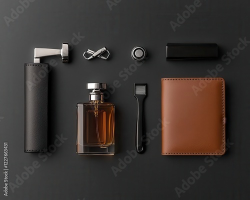 Flatlay of mens grooming accessories cufflinks, razor, cologne, and a leather wallet photo